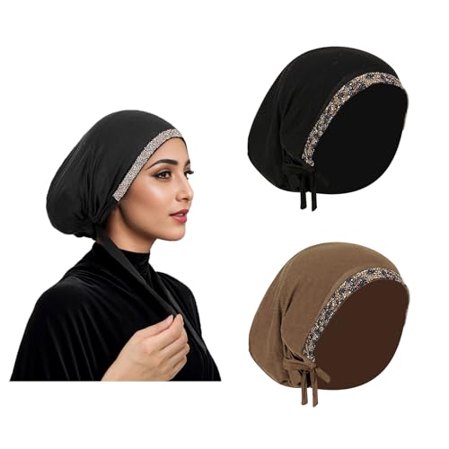 PURFUN 2 Pcs Muslim Inner Hijab Caps Women Girls Stretchy Breathable Full Cover Undercap Tube Bonnet Under Scarf Hats Beanie - color: Black+khaki/2pcs