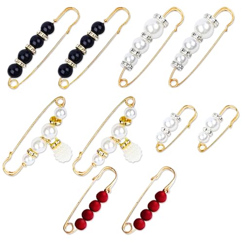 Pearl Brooches and Pins for Women, 10PCS safety pins for clothes, Multi-Style Adjustable Pant Waist Tightener with Beads, Anti-Slip Clothes Pins, Clothing Fixer Brooch for Secure Fit