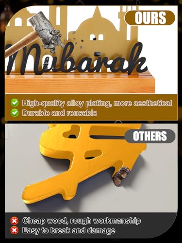 Enlarged 15.7in Ramadan Table Sign - Metal Eid Mubarak Tabletop Decorations, Muslim Golden Palace Dinner Ornaments for Islamic Gifts Parties Home Kitchen, Black Letters - style: Black Letters
