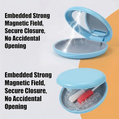 Blue Plastic Round Retainer Case with Mirror Mouth Guard Case Portable Aligner Case Denture False Box Organizer Braces Dental Storage Container for Invisalign