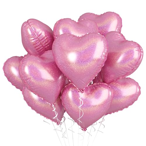 Laser Pink Heart Balloons, 10PCS Glitter Foil for Girls Birthday Valentine - color: Laser Pink