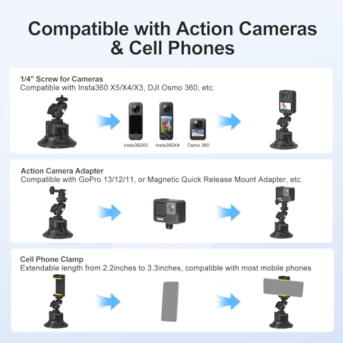 MINIFOCUS Suction Cup Camera Mount with Phone Holder, Car Camera Mount with Ball Head Magic Arm for Windshield Dash Compatible with GoPro Hero 11/10/9, DJI Osmo Action/Procket, Insta360 X5/4/3 - style: S1026
