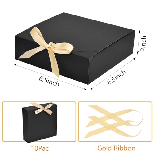 10pack Gift Boxes with Lids, 6.5''x6.5''x2'' Black Gift Boxes For Presents, Paper Boxes Gift Boxes with Ribbon for Birthday Wedding Party Chocolate Candy - color: Black