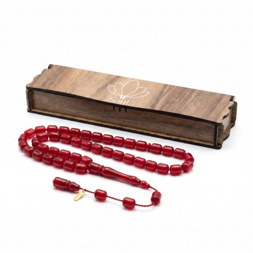 Saul Handmade 33 Beads Tasbih, Amber Phenolic Resin Islamic Prayer Beads with System Tassel, Pointed Capsule Cut Misbaha in Wooden Gift Box - color: Translucent Ruby Red