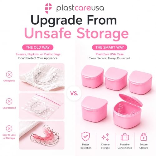 PlastCare USA Pink Denture Cases Pack of 5 - Dental Box For Artificial Teeth, Mouth Guard, Night Guard, Gum Shields, Retainer - Denture Bath Container for Women and Men - Travel Denture Cup - color: Pink