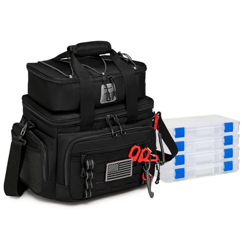 Fishing Tackle Bag, Equipped With 4 Tackle Boxes and Detachable Reel Storage Pouch, Waterproof Fishing Gear Organizer, Adjustable Shoulder Strap Fishing Bags for Saltwater & Freshwater - color: Black-4 Tackle Boxes