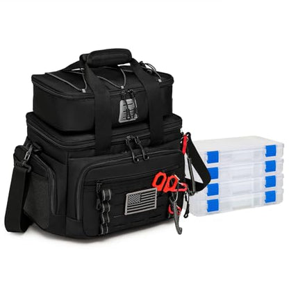 Fishing Tackle Bag, Equipped With 4 Tackle Boxes and Detachable Reel Storage Pouch, Waterproof Fishing Gear Organizer, Adjustable Shoulder Strap Fishing Bags for Saltwater & Freshwater - color: Black-4 Tackle Boxes