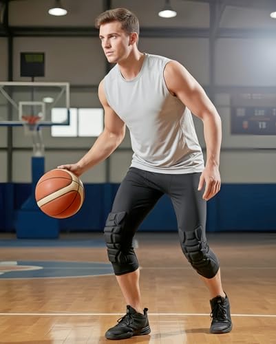 Topeter Men's Compression Capri Leggings with Knee Pads & Cup Pocket for Basketball, Running - size: X-Large