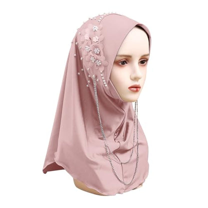 RARITYUS Women Bling Rhinestone Pearl Instant Scarf Muslim Hijab Fashion Shawl Head Wrap Turban Cap with Flower Accent - color: Pink