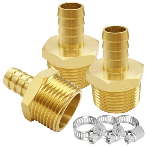 Uenede Brass 3/4" NPT Male to 1/2" Hose Barbed Fittings, 3PCS | Barb Pipe Fittings with Clamps Air Line Repair Connectors for Water Oil Gas - size: 1/2"Barb, style: 3/4"NPT Male