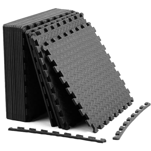 24 Tiles Interlocking EVA Foam Floor Tiles, Puzzle Exercise Mat, Home Gym and Garage Workout Mat, Black, 20 in x 20 in x 0.39 in, 64 Sq Ft (24, Black) - color: Black