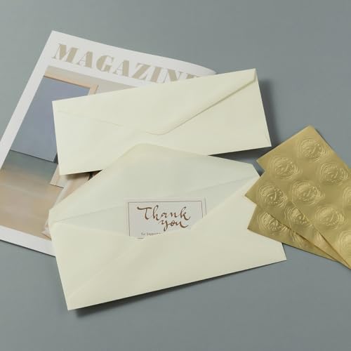 50 Count Cream Color #10 Business Envelope with Stickers, 4.13x9.49 Inches | For Office, Business, Letter Mailing - color: Cream Color