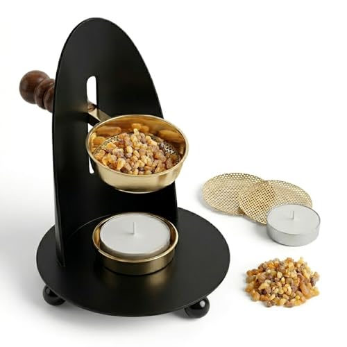 Brass Incense Burner Kit - Candle,Incense and 2 Mesh Screens, Adjustable Charcoal and Tea Light Bakhoor Burner for Resin, Myrrh, Copal at Home, Church, Meditation Space (Brass - Black - Model) - color: Black - Brass Burner