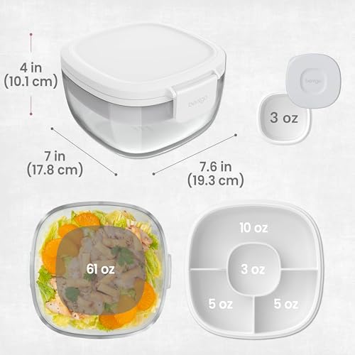 Bentgo Glass Salad Container - 7.6-Cup Salad Bowl with Airtight Lid, Leak-Proof Sauce Container, 4-Compartment Bento Tray & Reusable Fork - BPA-Free for Meal Prep, Office & More (White) - color: White