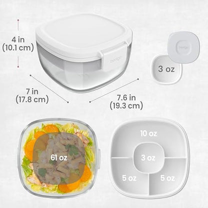 Bentgo Glass Salad Container - 7.6-Cup Salad Bowl with Airtight Lid, Leak-Proof Sauce Container, 4-Compartment Bento Tray & Reusable Fork - BPA-Free for Meal Prep, Office & More (White) - color: White
