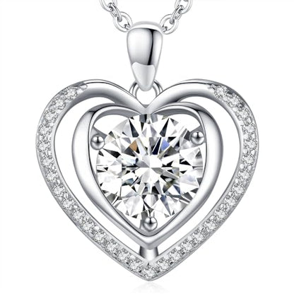Heart Pendant Gold Necklace for Women Moissanite Lab-Created Gem I Love You Wedding Anniversary Birthday Christmas Valentine Engagements Mothers Day Jewelry for Wife Her Girlfriend Mom Daughter - color: Silver Heart-1CT