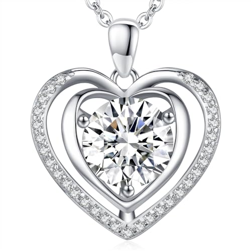 Heart Pendant Gold Necklace for Women Moissanite Lab-Created Gem I Love You Wedding Anniversary Birthday Christmas Valentine Engagements Mothers Day Jewelry for Wife Her Girlfriend Mom Daughter - color: Silver Heart-1CT