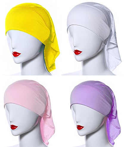 4 X Womens Muslim Mini Inner Hijab Caps Underscarf - color: Pink+w+lavender+yellow