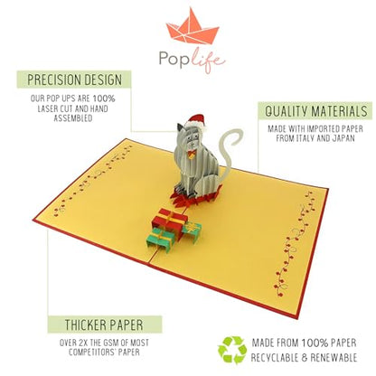 PopLife Holiday Cat Pop Up Christmas Card, Handmade 3D Greeting, Blank Merry Christmas Note, Small Stocking Present for Friends and Family, Card for Cat Lovers - color: Holiday Cat