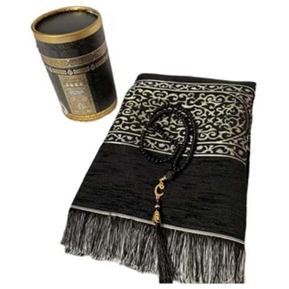 Muslim Prayer Rug & Beads Set with Stylish Cylinder Gift Box Janamaz Sajadah Ultra-Soft Taffeta Prayer Mat Perfect Islamic Spiritual Gift for Ramadan Islamic Wall Pattern Black - color: Wall