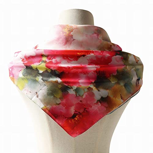 100% Mulberry Silk Scarf-Printed or Solid Color 35” Square Large Silk Hair Head Wrap Scarf With Gift Box Package - color: D Pattern: Blooming Red Flower
