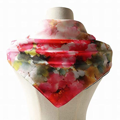 100% Mulberry Silk Scarf-Printed or Solid Color 35” Square Large Silk Hair Head Wrap Scarf With Gift Box Package - color: D Pattern: Blooming Red Flower