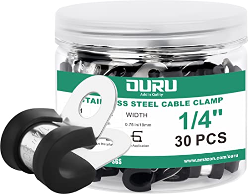 OURU 1/4 Inch Cable Clamps, Rubber Coated Insulated Clamps, 30pcs, 6mm | 304 Stainless Steel, Anti-Vibration, Rust Resistant, Secure Hold, Automotive Wire, Pipe & Tube Mounting, Cable Management - size: 30pcs - 1/4"
