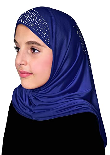 Aiyah Hijab for Girl's 1 piece Elastane-Spandex Amira Head Scarf with Rhinestones Easy Pull-on Headscarf - color: Medium - Royal Blue, size: Medium
