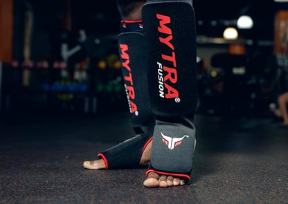 Mytra Fusion Shin Pads Instep Protector Kick Boxing Muay Thai Training Elasticated shin Guards - color: Black, size: Small-Medium