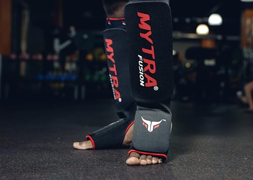 Mytra Fusion Shin Pads Instep Protector Kick Boxing Muay Thai Training Elasticated shin Guards - color: Black, size: Large-X-Large