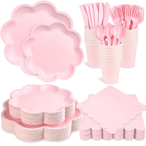 350 Pcs Pink Paper Plates and Napkins Set, Tableware Set for 50 Guests - color: Pink
