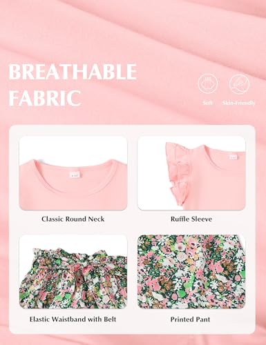 GEMLON Girls' Clothing Sets Solid Ruffle Sleeve Tank Top and Printed Wide Leg Pant 2 Piece Set Summer Outfits for Girls 5-14Y - color: Pink, size: 11-12 Years