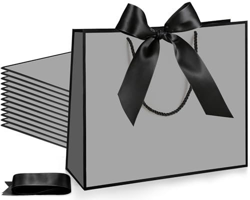 Silkfly 12 Pcs Paper Gift Bags with Handles & Bow Ribbon, Gray, Black - color: Gray, Black