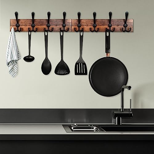 IBosins Wall Mounted Coat Rack, 31-2/5'' Long, Entryway Hanging Rack, Metal Wood Coat Hooks Rack with 8 Black Rustic Tri-Hooks Rail for Coat, Bag, Towel, Key, Hat, Umbrella - color: Brown