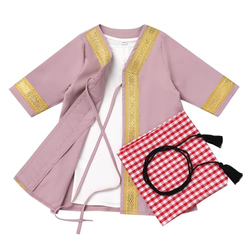 Muslim Clothes for Baby Boy Arabian Robe Plaid Turban Scarf Eid Ramadan Dubai Attire Infant Abaya Saudi Kaftan Kurta - color: Purple (4pcs), size: 12-24 Months