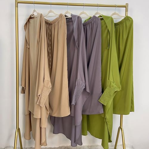 Muslim Women Abaya Two Pieces Set Prayer Dress Elasticated Sleeves Islamic Robe Modest Full Cover Prayer Clothes - color: Olive Green