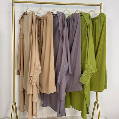 Muslim Women Abaya Two Pieces Set Prayer Dress Elasticated Sleeves Islamic Robe Modest Full Cover Prayer Clothes - color: Olive Green