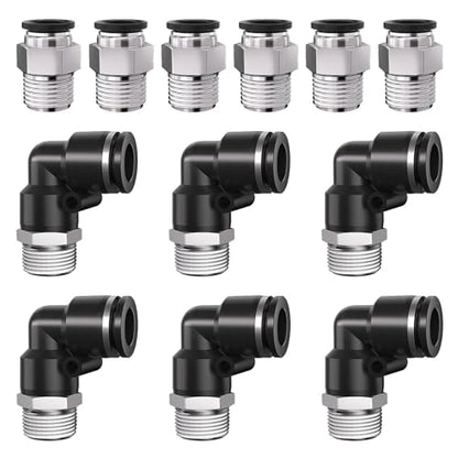 1/4 Push to Connect Fittings npt Thread to 3/8 Air Line quick | Pneumatic Tubing Hose 3/8 OD Tube to 1/4 npt, Male Elbow 90 Degree Straight Coupler - size: 3/8"OD x 1/4"NPT