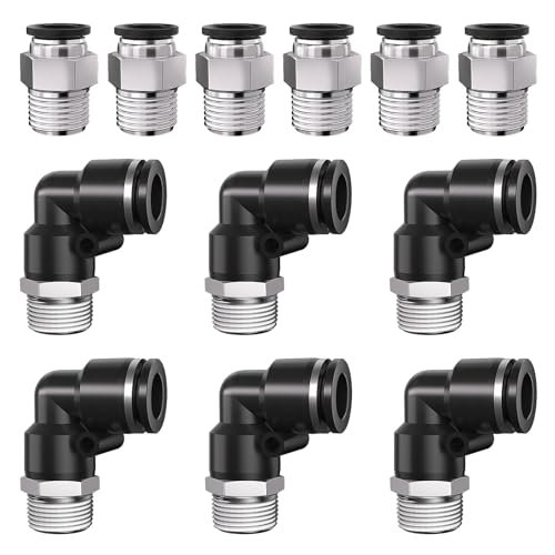 1/4 Push to Connect Fittings npt Thread to 3/8 Air Line quick | Pneumatic Tubing Hose 3/8 OD Tube to 1/4 npt, Male Elbow 90 Degree Straight Coupler - size: 3/8"OD x 1/4"NPT