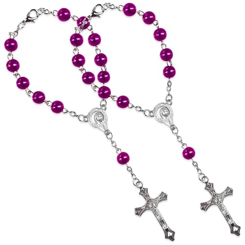 2 PCS Rosary for Rearview Mirror, Religious Cross Bead & Medal Car Rear View Mirror Hanging Ornament, Personalized Rosary Pendant Christian Auto Decoration for Women Men (Purple) - color: Purple