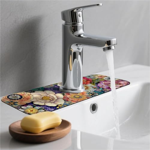 Kitchen Sink Splash Guard Flowers In 1 Faucet Mat Sink Gadgets Super Absorbent Fast Drying Mat Drip Catcher For Kitchen Bathroom Sink Mat Dish Drying Mat Bathroom 15" X 5.5" - color: Flowers in various colors-1