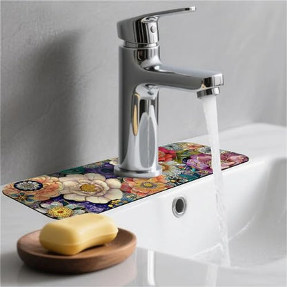 Kitchen Sink Splash Guard Flowers In 1 Faucet Mat Sink Gadgets Super Absorbent Fast Drying Mat Drip Catcher For Kitchen Bathroom Sink Mat Dish Drying Mat Bathroom 15" X 5.5" - color: Flowers in various colors-1
