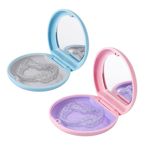 2 Pack Retainer Case with Mirror, Slim Pink Retainer Case, Convenient Orthodontic Case for Teenage/Adult, Fit for Invisalign/Mouth Guard/Night Guard/Denture, Easy Store with Remover Tool, Chew, Brush - color: Pink+Blue