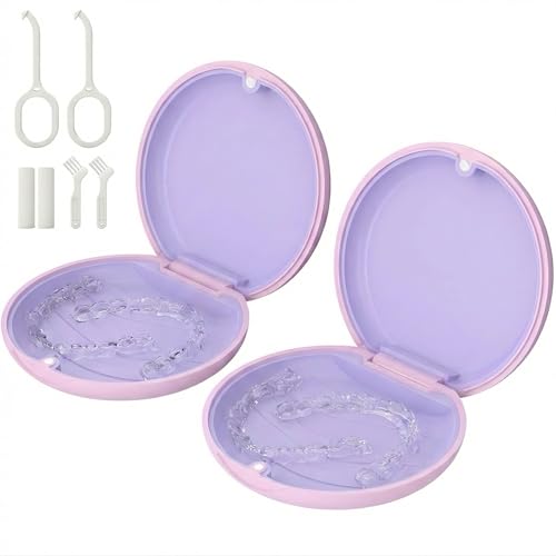2 Pack Retainer Case, Slim Aligner Case for Invisalign with Tool Kit | 2 Pack Slim Magnetic Retainer Case for Invisalign • Pocket-Size for Travel • Full Kit: Removal Tool, Seater & Brush - color: 2 Pack - Sakura Lilac