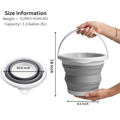 Collapsible Bucket 5L, Foldable Silicone Water Pail with Handle, Portable Space Saving Bucket for Cleaning, Camping, Car Wash, Fishing, Travel, Durable Lightweight Utility Container