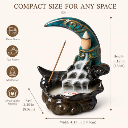 Ceramic Incense Holder Backflow Handcraft Moon Incense Burner with 30 Incense Cones 1 Tweezer 1 Mat 30 Incense Sticks for Home Decoration Ornament Aromatherapy and Meditation