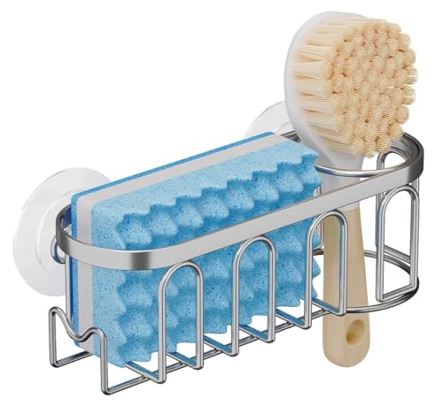 TESOT Sink Caddy Sponge Holder for Kitchen Sink 2 Suspension Options(Suction Cups and Adhesive Hook), SUS304 Stainless Steel, Silver