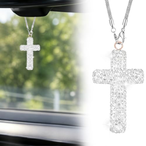 Cross for Car Mirror Hanging,Rear View Mirror Car Accessories for Women,Bling Car Pendant Charms,Double-Sided Diamond Christian Religious Cross Rearview Mirror Accessories