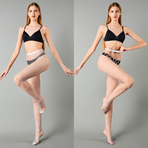 MengPa Women's Fishnets Tights High Waist Stockings Party Thigh High Pantyhose - color: 2pcs-white