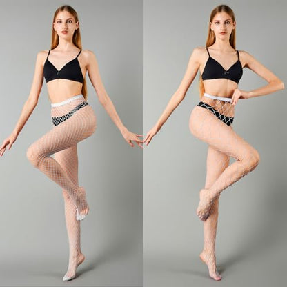 MengPa Women's Fishnets Tights High Waist Stockings Party Thigh High Pantyhose - color: 2pcs-white
